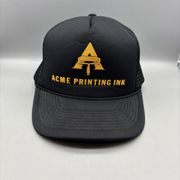 Vintage ACME Printing Ink Hat Snapback Foam Mesh Cap Trucker Hat Black Yellow - Picture 1 of 9